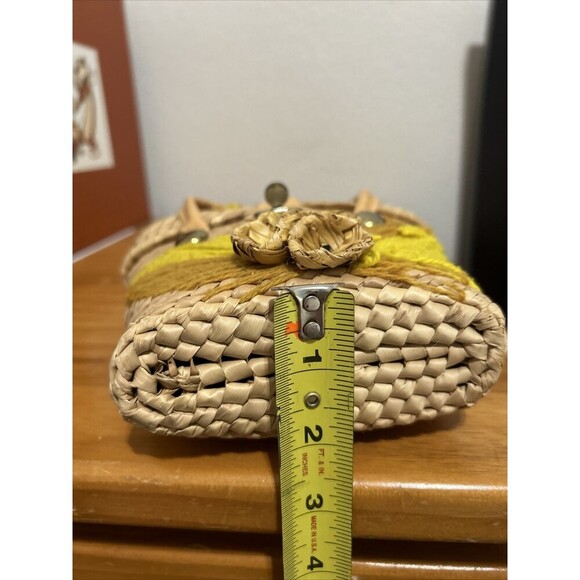 Vintage 1970s Woven Straw Leather Handbag Straw Flower Clusters Yarn Leaves - Picture 12 of 12